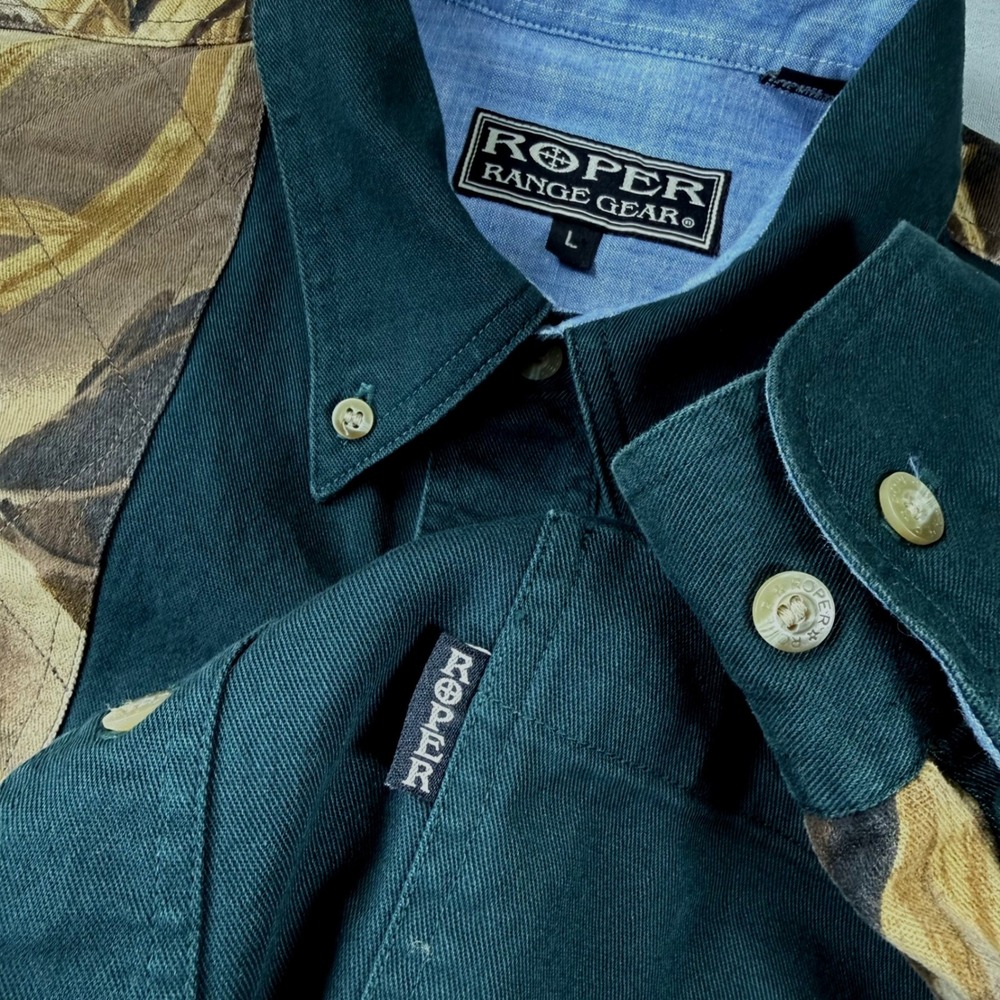 Roper Range Gear Mens Large Green Camo Shooting‎ Shirt Advantage Wetlands Cotton